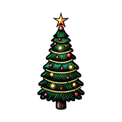 A brightly lit Christmas tree adorned with colorful ornaments, showcasing festive decorations and sparkling lights.