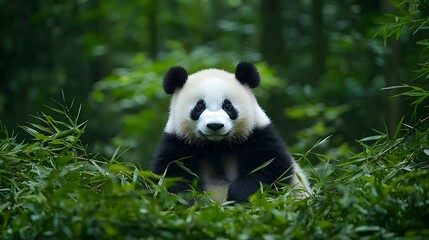 Fototapeta premium Adorable Panda Cub Amidst Lush Bamboo Forest