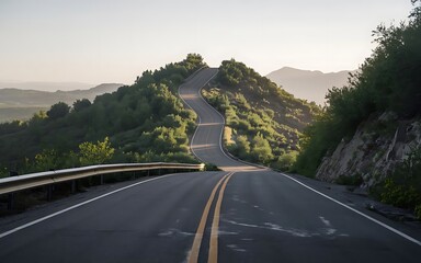 A photo of a winding road leading up a hill, with a view of the surrounding landscape.