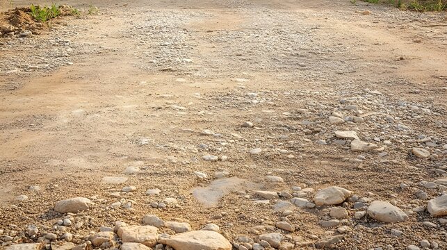 High-resolution photo of gravel road texture, dry soil, stones, and rocks under sunlight. Suitable as a background or texture. - Powered by Adobe