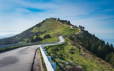 A photo of a winding road leading up a hill, with a view of the surrounding landscape.