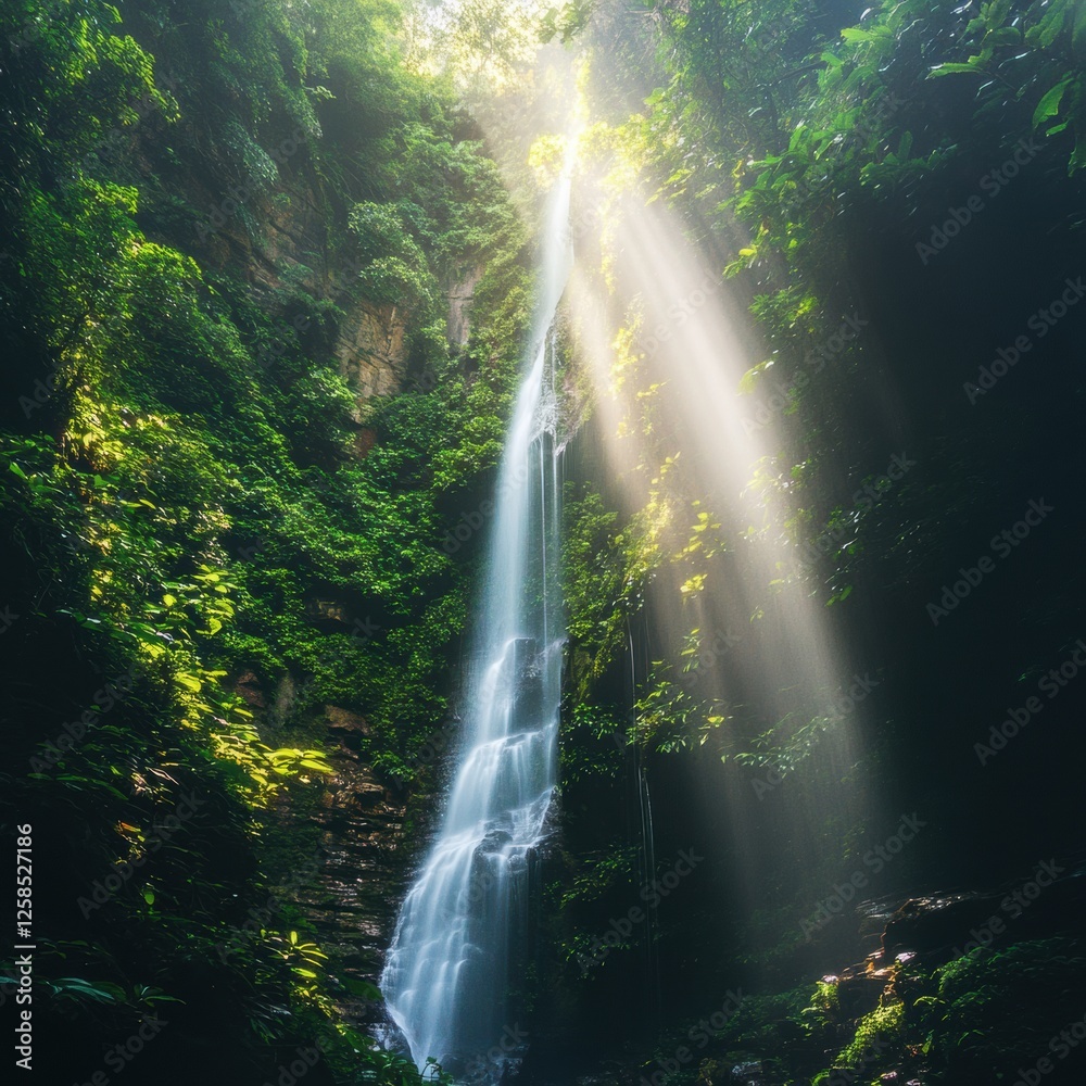 Poster majestic waterfall cascading through lush greenery in a tranquil jungle setting during the morning l