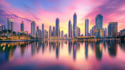 Fototapeta premium City skyline sunset or sunrise beautiful landscape at sea waterfront, modern megapolis with skyscraper buildings reflecting in water surface under cloudy purple or pink sky Cartoon vector illustration