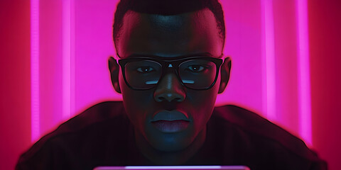 Cyberpunk Man Gazing Intently at Screen, Neon Glow, Futuristic Vibe