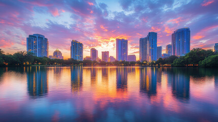 Fototapeta premium City skyline sunset or sunrise beautiful landscape at sea waterfront, modern megapolis with skyscraper buildings reflecting in water surface under cloudy purple or pink sky Cartoon vector illustration