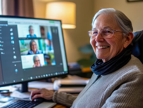 Happy senior woman making a video call with family and friends
