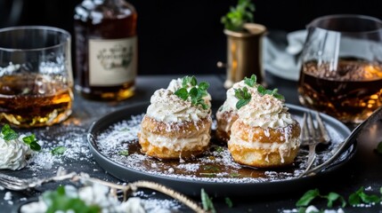 Decadent cream-filled pastries with mint garnish and whiskey