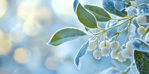 A soft-focus close-up of mistletoe leaves and white berries, with a frosty winter background.