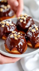 Chocolate-glazed donuts with nuts and sugar on plate