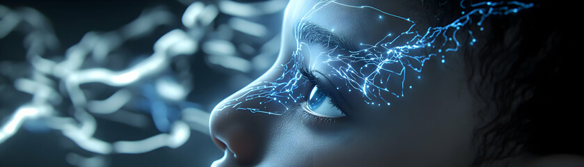 Child's Face Illuminated by Glowing Neural Network, Exploring Future Tech,  revealing intricate pathways of the mind's potential.