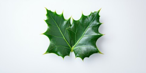 Fototapeta premium A solitary holly leaf with sharp, jagged edges and a glossy green finish, placed against a clean white background.