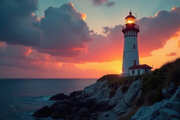 Vintage-style lighthouse standing alone on a rocky shoreline at sunset, rugged terrain, old lighthouse, beach scene
