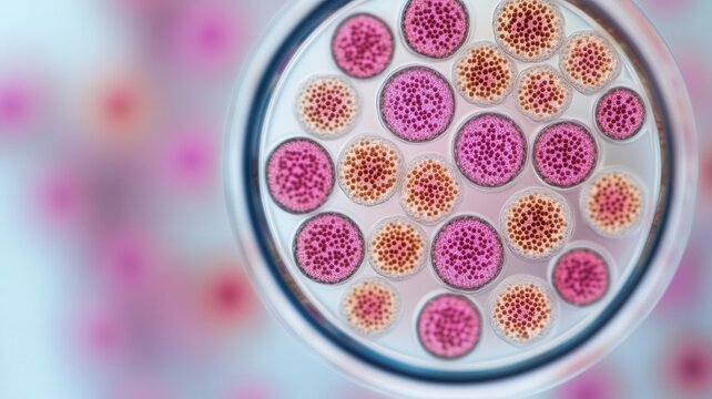 A microscope view of cells being studied for vaccine development in children