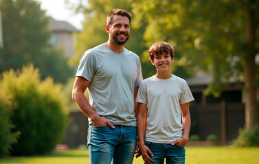 Dad and son in matching T-shirts: a fashionable duo in nature