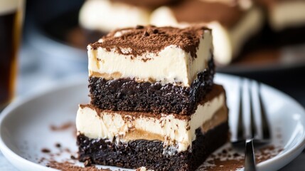 Decadent tiramisu brownie dessert with creamy layers and cocoa dusting on white plate. National Coffee Cake Day