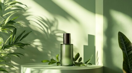 Minimalist photo studio with green background, eco-friendly beauty product. generative ai