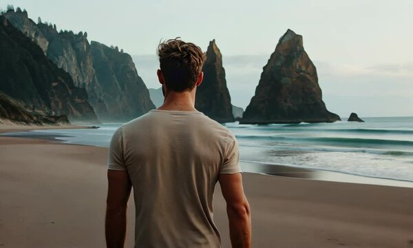 A man walks alone on a scenic beach, surrounded by rugged cliffs and serene ocean waters, embracing solitude and adventure, capturing the essence of exploration and nature's beauty.