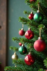 Obraz premium Vintage style red and green ornaments hung on a rustic wooden tree, red, cozy, green