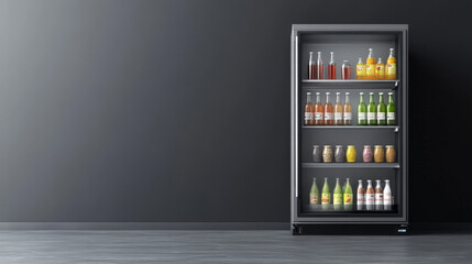 Mini refrigerator for beverages with transparent glass door. Empty gray fridge for fresh food or drinks in supermarket or kitchen. Realistic 3d vector modern cooler with shelves front and corner view