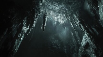 Enigmatic Cave Depths: Stalactites and Shadows Dance in the Underground Realm