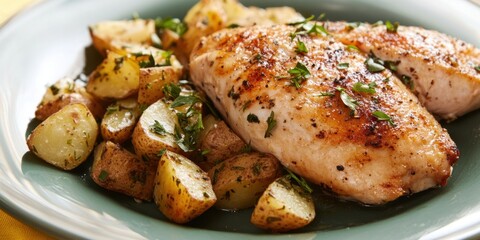 Grilled chicken breast with herb-roasted potatoes on green plate