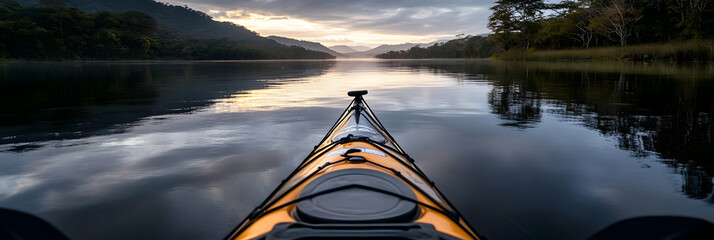 Kayaking at Dawn, Serene River, Majestic Mountains, Peaceful Paddle