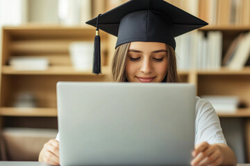 Graduate student using laptop in cap and gown for online learning success