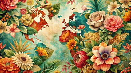 Vintage Floral Boho Background: Wanderlust Pattern, Retro Travel Aesthetic