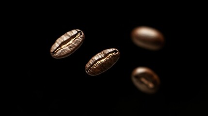 Close-up image of flying coffee beans against a black background, showcasing their rich texture and dark color, perfect for coffee-related themes.