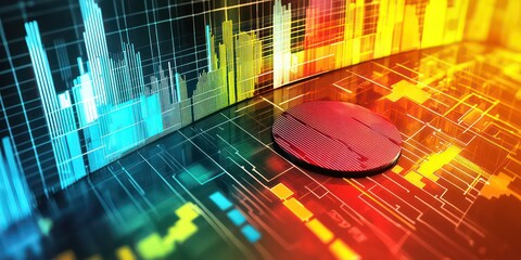 A vibrant statistics infographic combining pie charts, bar graphs, and data flow arrows.