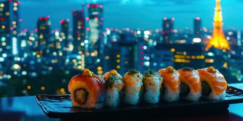 A vibrant sushi platter served in a Tokyo-style setting, with city lights in the background.