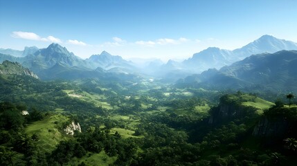 Obraz premium Panoramic View Of Lush Green Valley Between Mountains