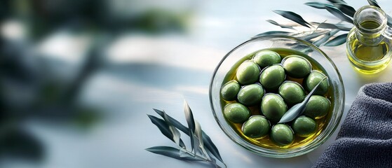 Green Olives in Olive Oil on Marble Surface