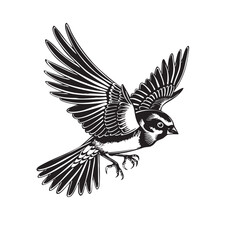 Detailed monochrome vector of a sparrow in flight, wings spread, delicate lines, freedom and nature themes, ideal for prints or logos, Easy editable layere.