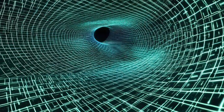 A visual of big data analytics, with abstract graphs and binary code flowing through a 3D grid.