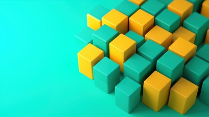 Obraz premium A vibrant arrangement of teal and yellow cubes on a turquoise background, creating a visually striking geometric pattern.