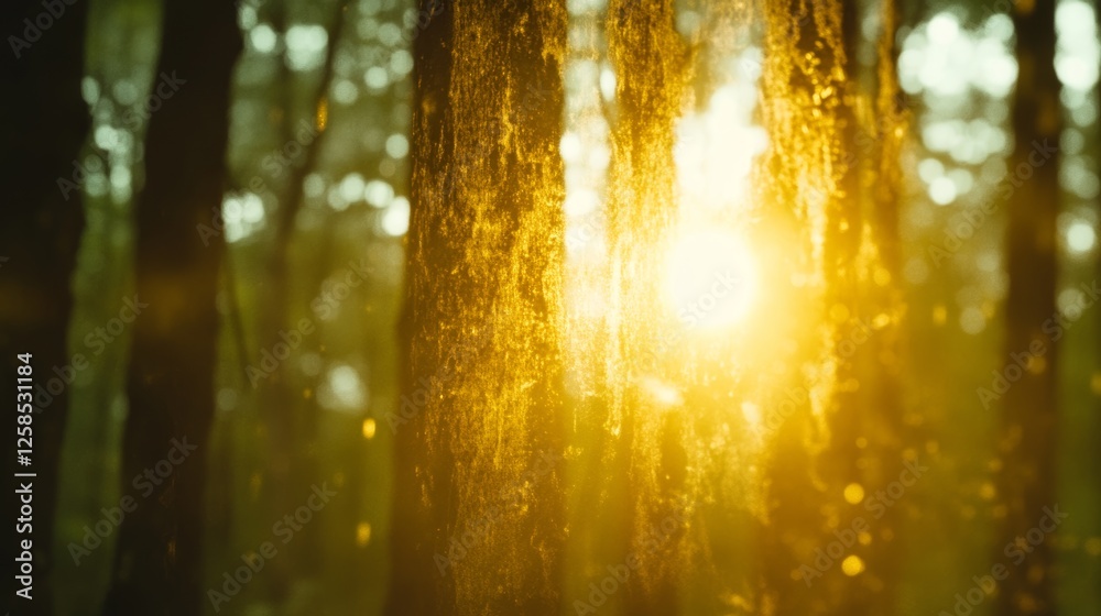 Poster Golden sunlight filters through the trees in a dense forest, illuminating the mossy bark. Warm, enchanting scene.