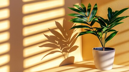 Green Plant in White Pot with Sunlight and Shadows on Yellow Wall