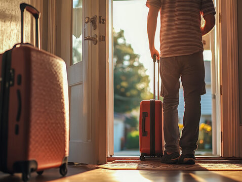 Man leaving home with luggage, starting a new adventure