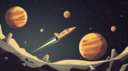 Naklejka premium Mobile arcade with spaceship parallax background, interstellar shuttle hover above alien planet with assets on flying platforms, fantasy game 2d ui design, extraterrestrial cartoon vector landscape
