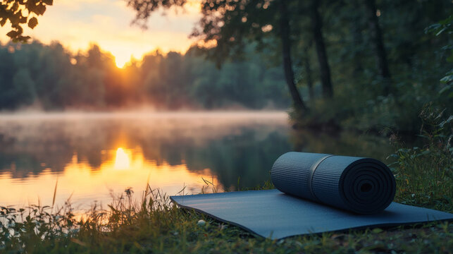 Peaceful lake at sunrise with yoga mat by misty water creates tranquil outdoor wellness and mindfulness setting near forest