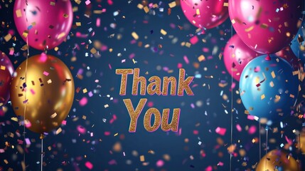 Colorful balloons and confetti create a festive atmosphere, conveying gratitude and celebration. Perfect for expressing thanks in any celebration.