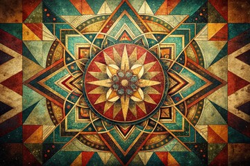 Vintage Geometric Religious Art Background, Spiritual Mandala Design, Antique Texture