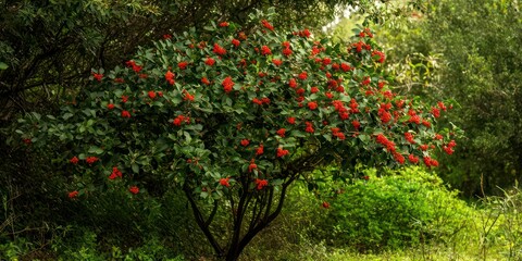 Fototapeta premium A Yaupon holly bush growing in a natural setting, surrounded by greenery.