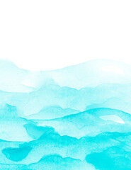 Watercolor line of blue paint, splash, smear, blot, abstraction. Used for a variety of design and decoration. Strokes of paint, lines, splash. Horizontal line,background. Blue sea, Hill, fog mountain