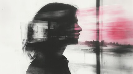 Dreamy portrait of a young woman,  profile view, overlaid with blurred imagery creating a surreal and evocative mood.