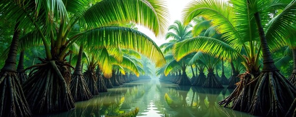 Palm fronds rustle in the wind amidst mangrove roots, mangroves, scenery, sunderbans