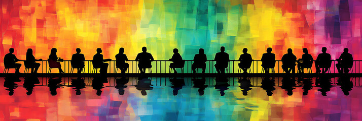 Silhouettes at Sunset, A Group Gathering by the Water, Reflecting on Colorful Hues