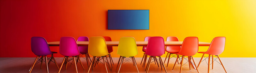 Vibrant Meeting Room, Colorful Chairs Around Table with Screen