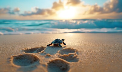 A small sea turtle hatchling making its first journey to the ocean at sunset